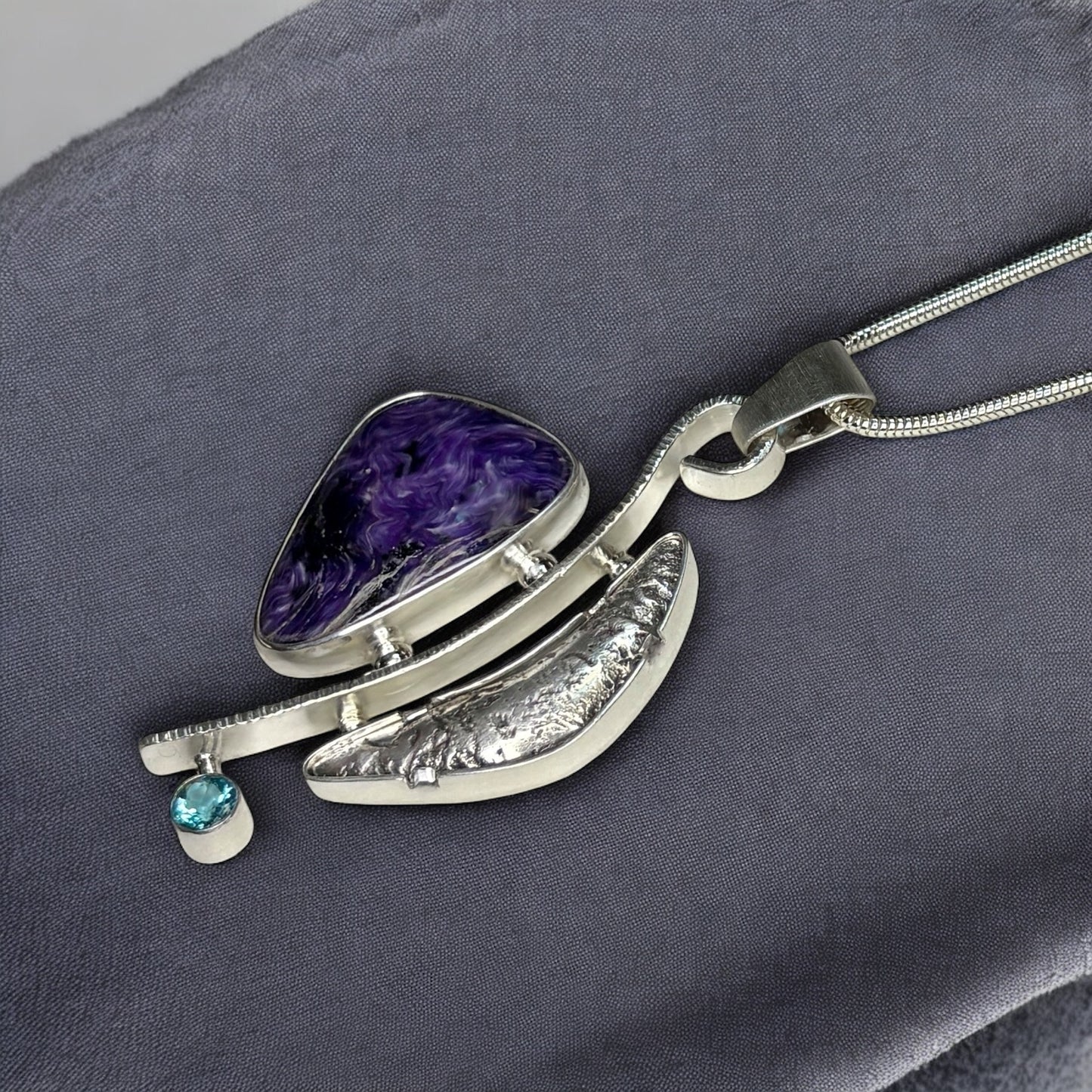 Silver, Charoite, & Apatite Pendant