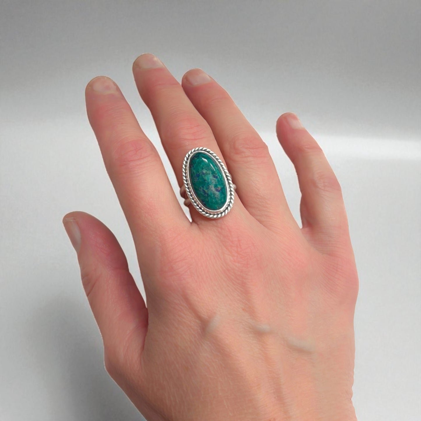 Silver and Chrysocolla Azurite Ring Sz 8