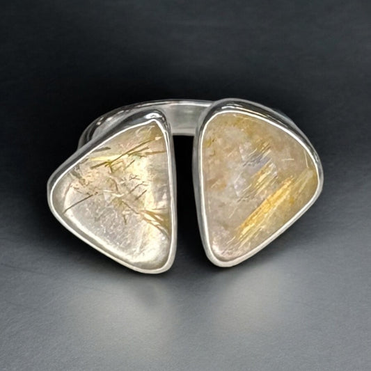 Silver & Rutilated Quartz Adjustable Ring Sz 9-10