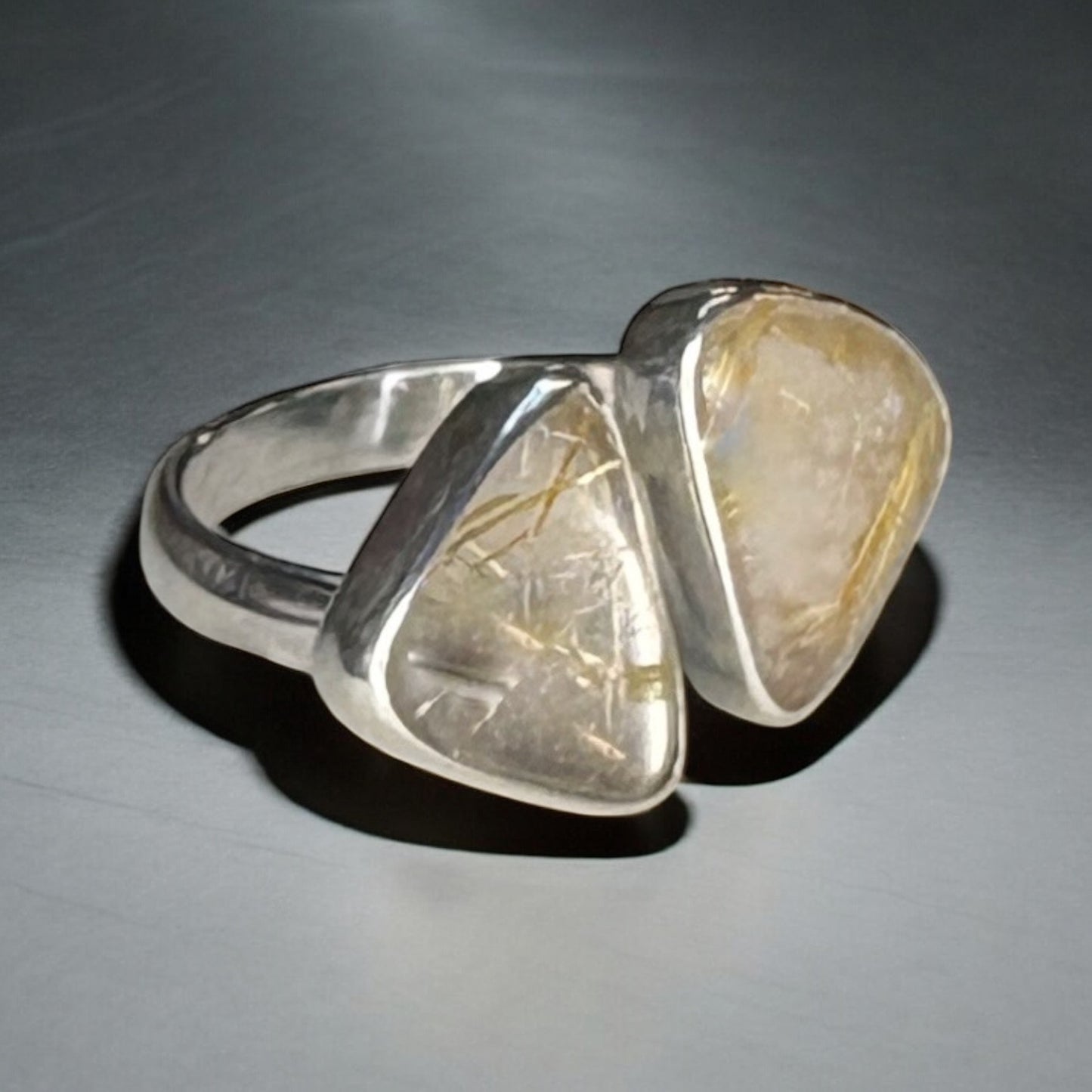Silver & Rutilated Quartz Adjustable Ring Sz 9-10