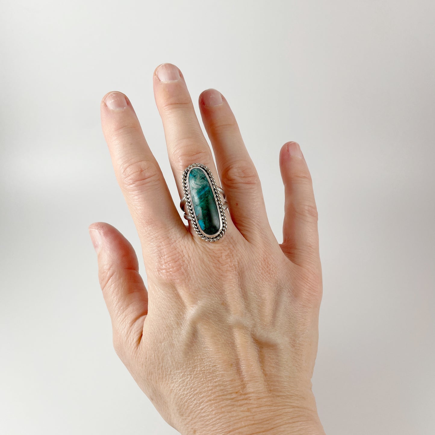 Long oval chrysocolla malachite ring SZ 8.5