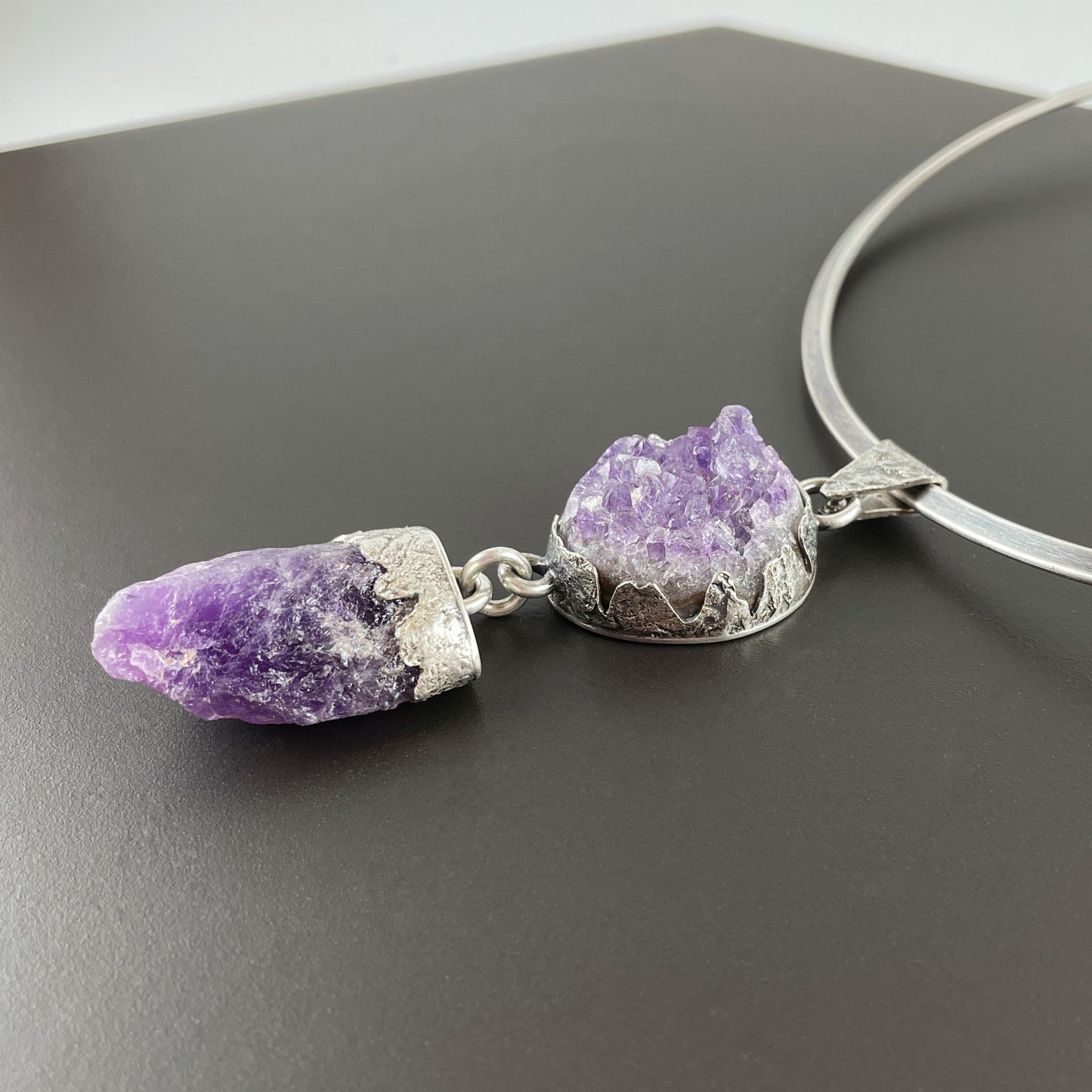 Amethyst Geode Pendant with Silver Neck Ring